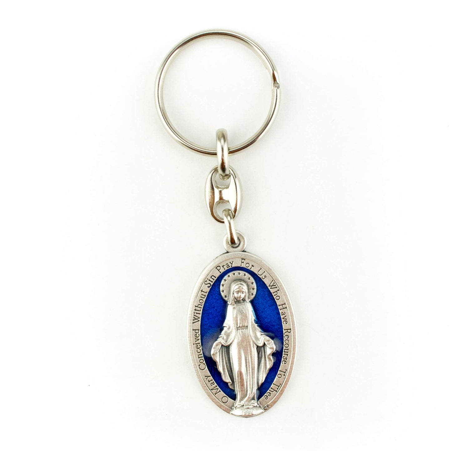 Blue enameled Mary key ring