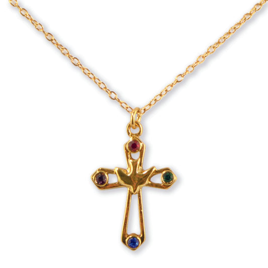 Brass cross on chain, with stones