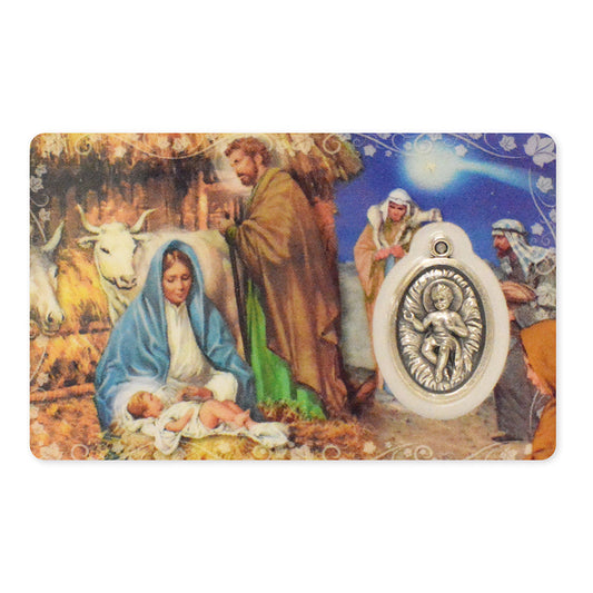 Prayer card with Nativity medal