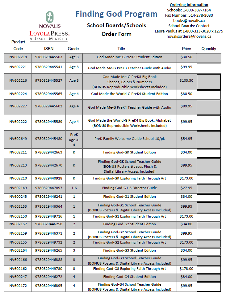 Finding God Order Form - School Version