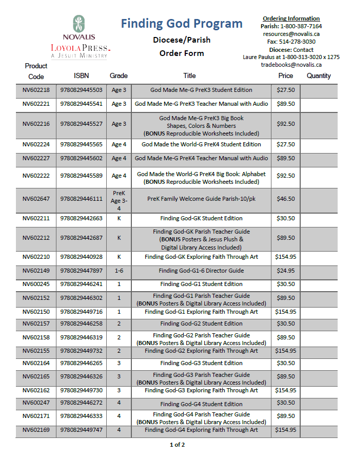 Finding God Order Form - Parish Version