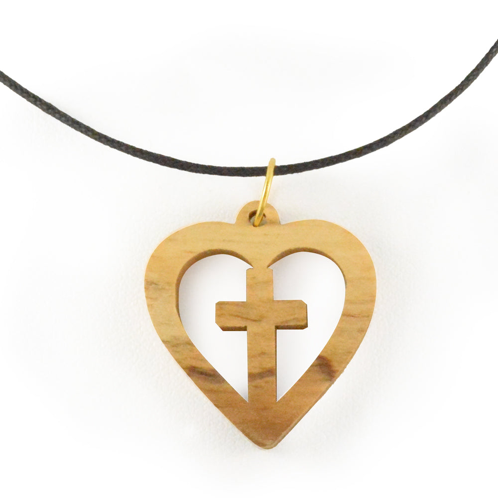 Pendant with heart and cross in olive wood