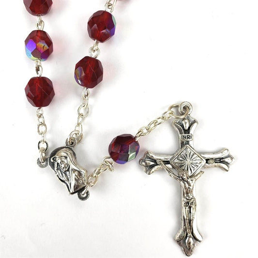 RED CRYSTAL ONE-DECADE ROSARY WITH SILVER CHAIN