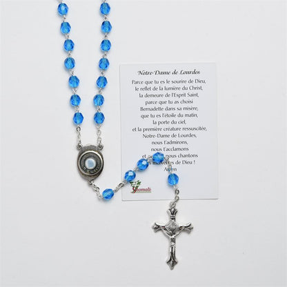 CRYSTAL ROSARY WITH LOURDES RELIC WITH PRAYER CARD