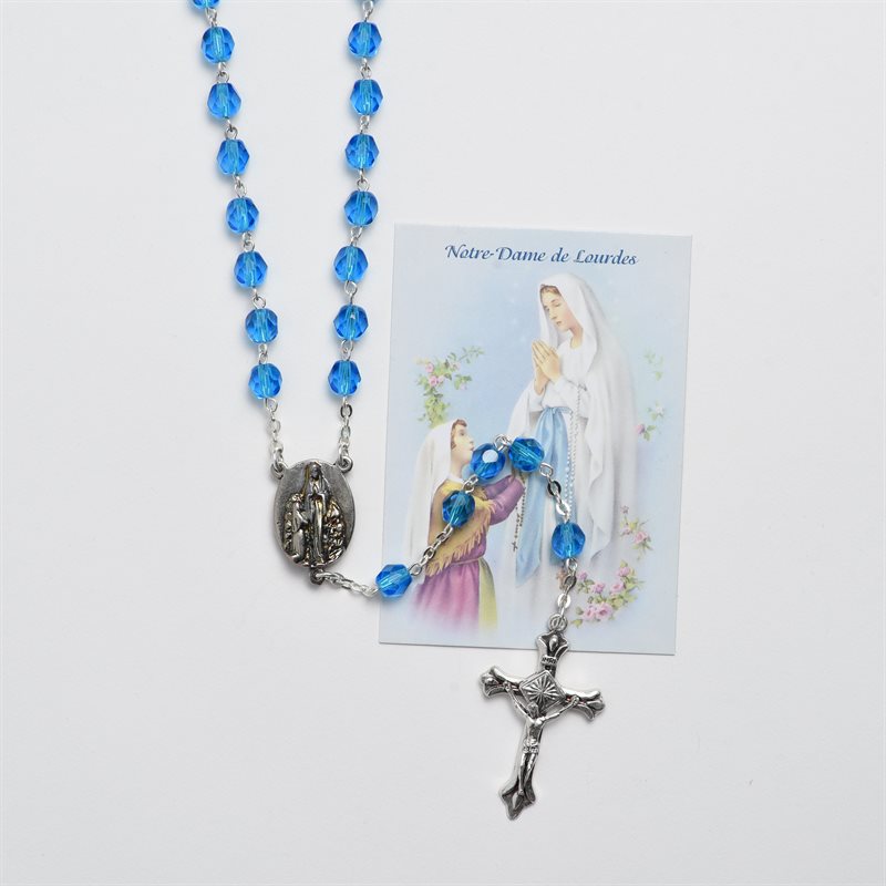 CRYSTAL ROSARY WITH LOURDES RELIC WITH PRAYER CARD