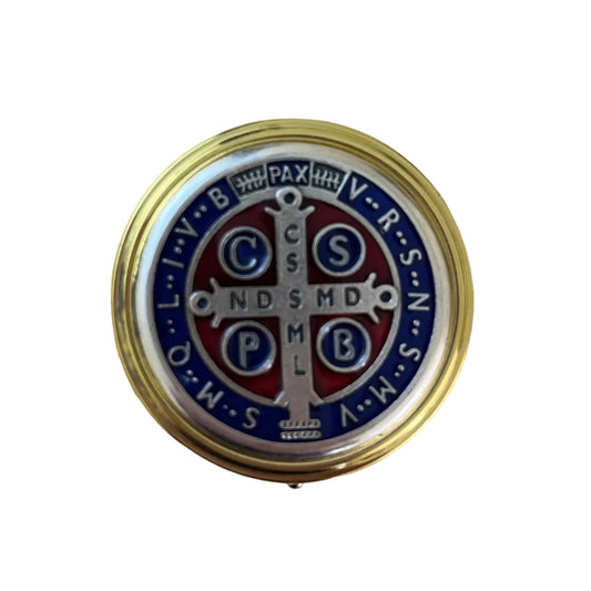 Golden pyx 5.5cm for host with blue & red St.Benedict model