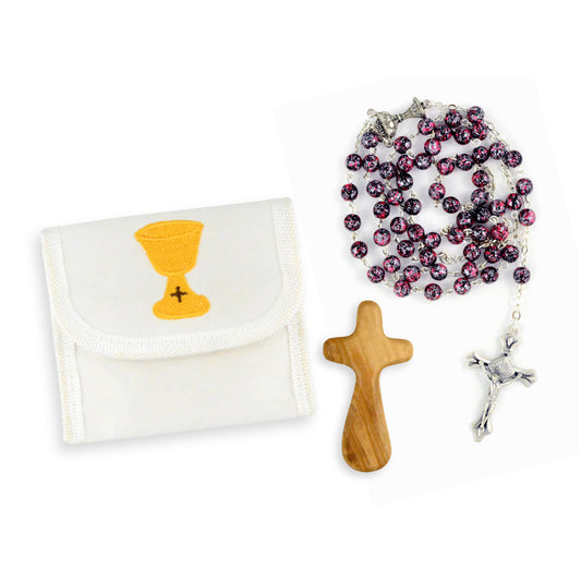 First communion set with pink rosary