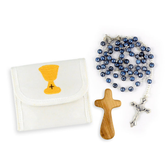 First communion set with blue rosary