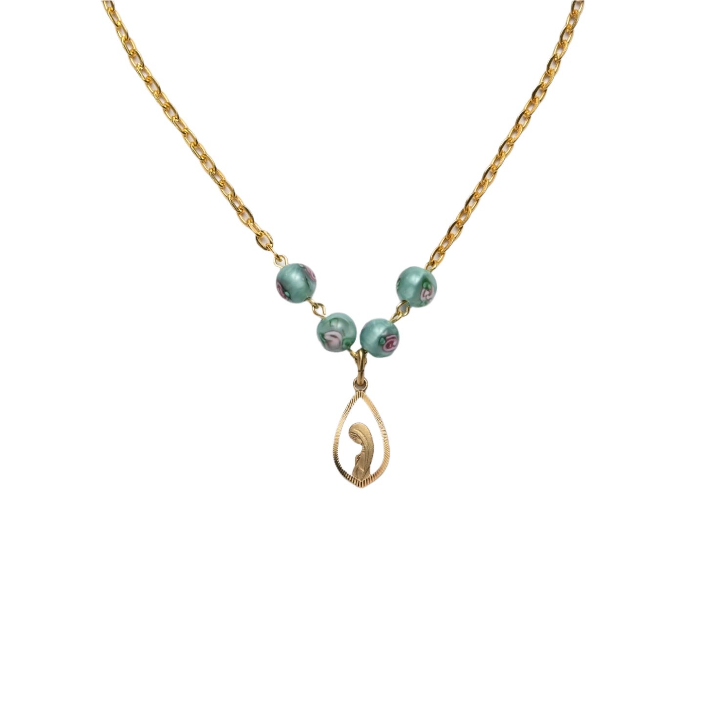 Mary pendant on necklace with pearls