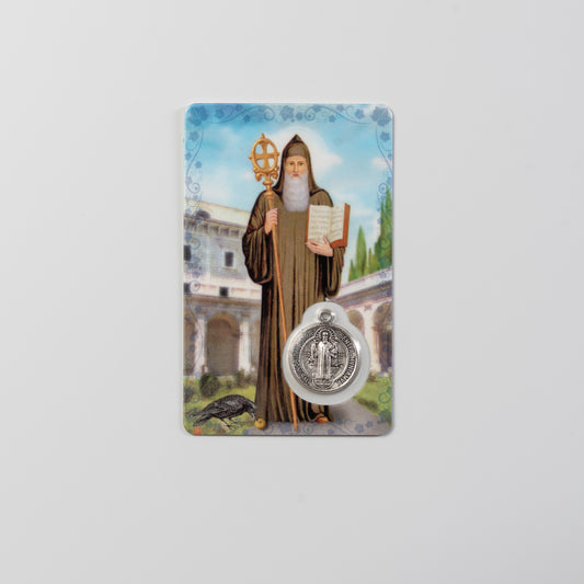 Prayer card of St Benedict with medal