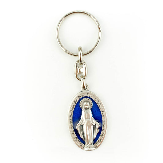 Blue enameled Mary key ring